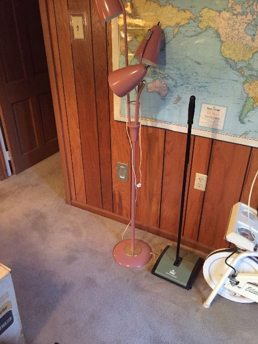 Mauve floor lamp and sweeper and exercise bike