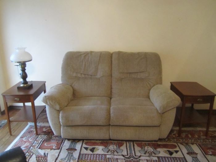 lazy boy double recliner and pair of side tables