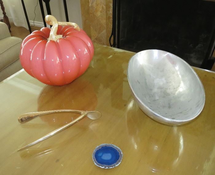 Large Art Glass Pumpkin by Cohn-Stone; Large Gold-Plated Wishbone by Lunares; a Nambe -Style Oval Bowl