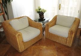 Oversized Pair of Wicker Club Chairs w/ Down Cushions