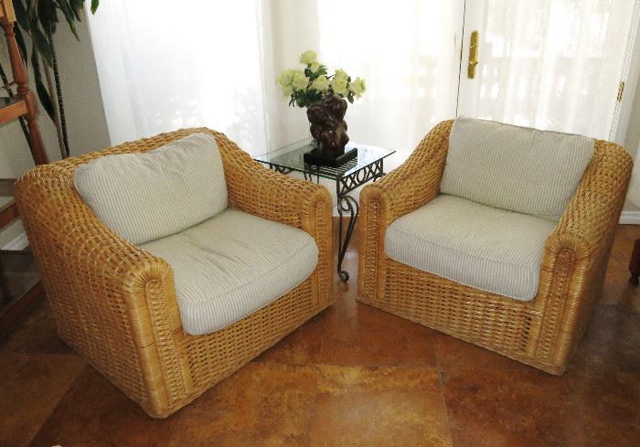 Oversized Pair of Wicker Club Chairs w/ Down Cushions