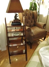 Library Ladder w/ Tufted Leather Wingback Chair (Lamp & Wingback SOLD) 