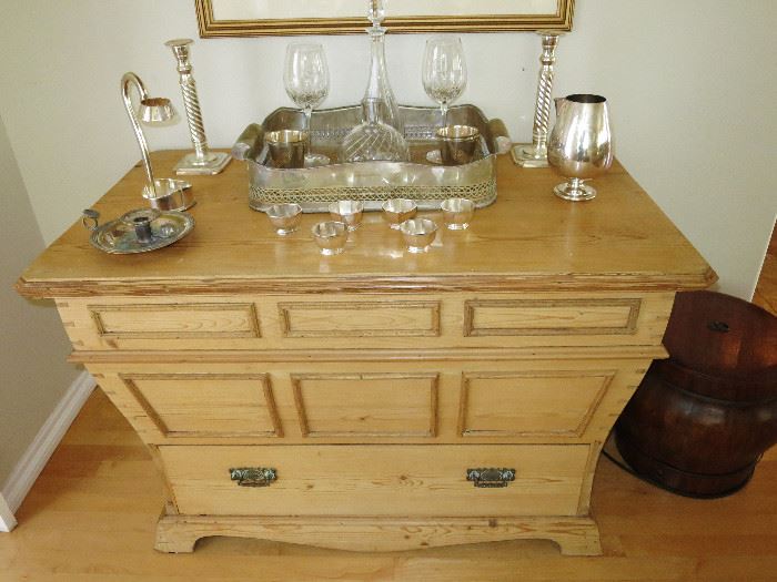 Antique-Elements Bombe Pine Chest w/ Bottom Drawer; 2 Baccarat Decanters