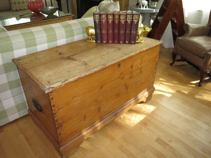 Antique Pine Chest w/ Leather-Bound Books