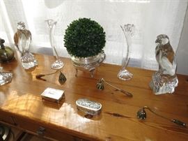 Pair of Baccarat Falcons; Orrefors Crystal Candlesticks