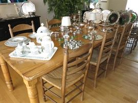 Vintage 8-Foot Pine Dining Table w/ 6 Ladder-back Pine Side Chairs