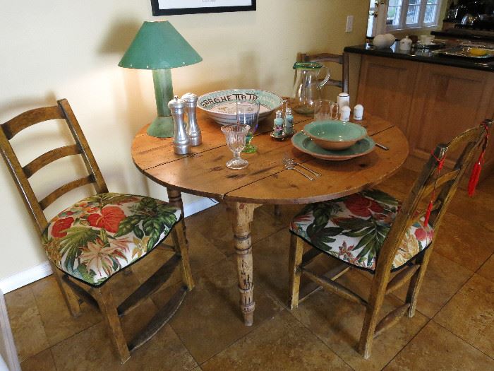 Vintage Pine Drop-Leaf Breakfast / Game Table ( table SOLD)  w/ 3 Ladder-back Side Chairs