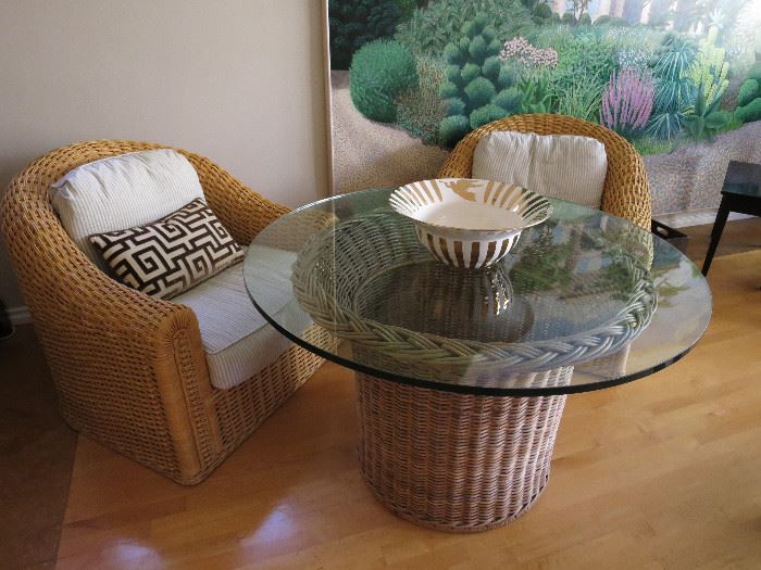 Wicker Glass-Top Breakfast / Game Table w/ Pair of oversized Wicker Club Chairs