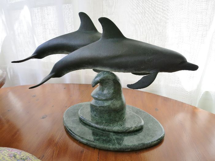 "Dolphins" Original Bronze on Marble Wave