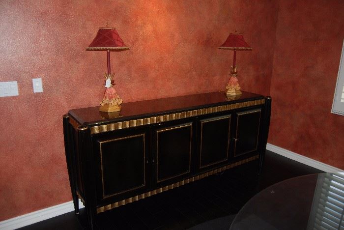 Black granite topped buffet / credenza with gold accents – 84” long