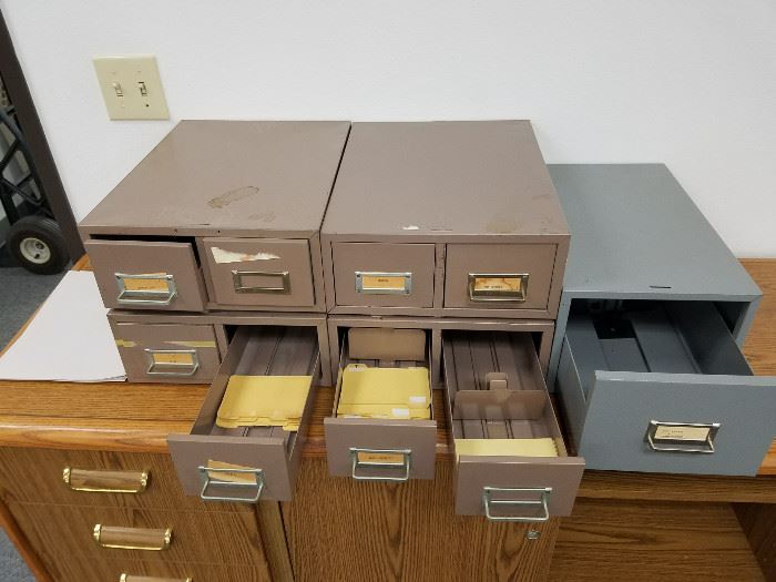 Oak credenza, vintage card catalogs, file cabinets