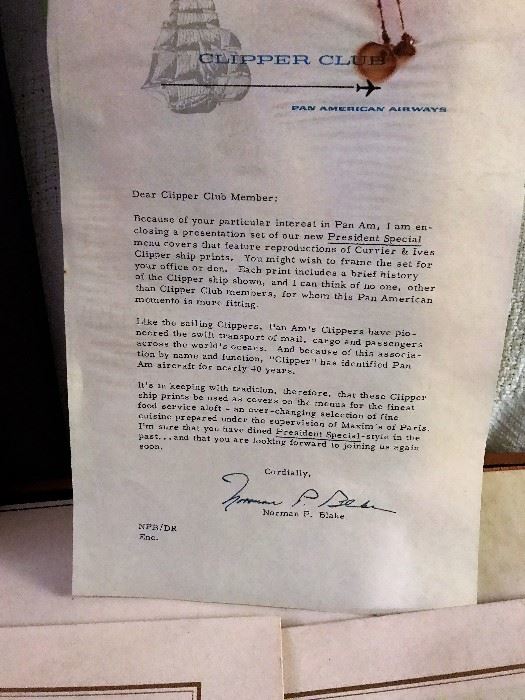 Letter from the President of Pam Am Airways Clipper Club 