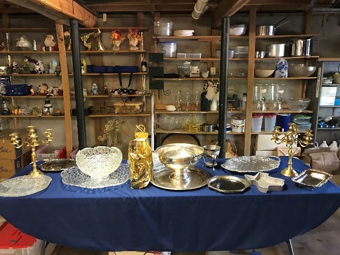 Basement Items.  Lovely Punch Bowls, Silver Plated Items, Brass Candelabras.  Kitchen Items
