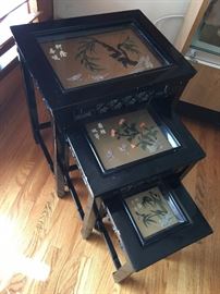 3 Nest Tables, Hand Painted Glass Top and Mother of Pearl Inlay