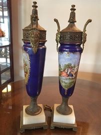 Early 1900s, Hand Painted Porcelain Embellished with Etched Brass and Onyx.