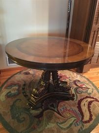 Solid Wood Round Table with Glass Top                               Round Rug - Indian Hand Knotted Wool, good condition