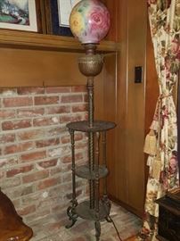 Circa Early 1900s Antique Floor Lamp,                                Embossed Cast Brass Stem with Medusa Pattern & Hand Painted Glass Hurricane,                                              One of a Kind, Beautiful Stuff