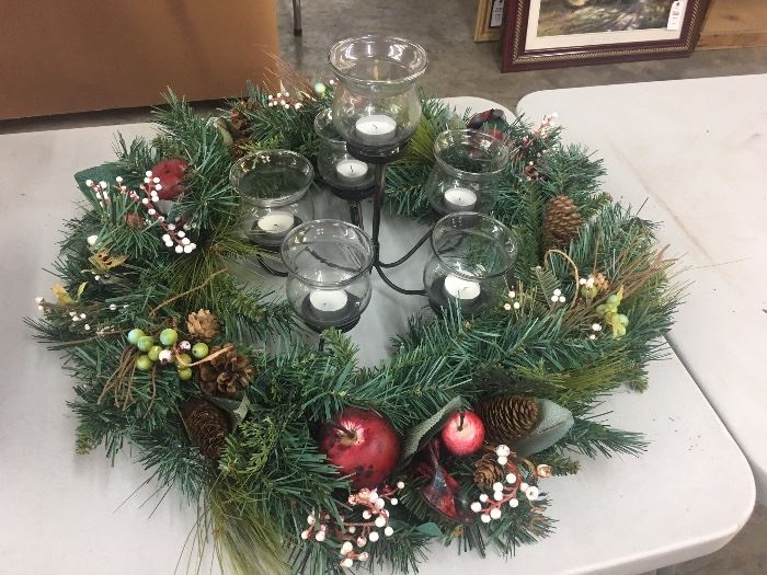Lighted wreath with candle holder