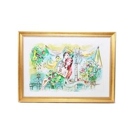 Charles Cobelle Limited Edition Offset Lithograph "Royal Lovers": A limited edition offset lithograph on paper by Charles Cobelle titled Royal Lovers. This colorful piece features a red-haired mermaid being held by a man with a violinist and flower arrangements in the background. The piece is signed in graphite to the lower right, numbered “239/500”, presented beneath glass and white matting, and encompassed by a gold tone wood frame with hanging wire featured on its verso.