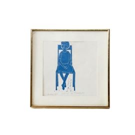R. Waddy Woodblock Artist Proof "Sunday's Child": A woodblock artist proof by R. Waddy, titled Sunday’s Child. This print on paper depicts a child sitting on a chair with her arms and legs crossed, which is rendered in all blue. An artist signature, date (1973) and title are found to the lower margins in graphite. Also found to the margins is the initial “A/P”, signifying this as an artist proof. The image sits beneath a white mat under glass and is placed in a brass metal frame.