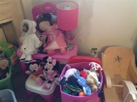 Stuffed animals , pink table and lamp,Mickey and Minnie