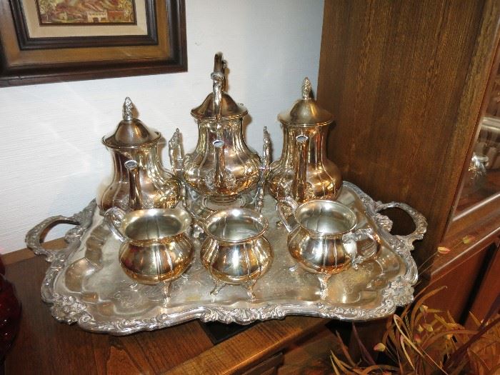Sheridan Silverplate Coffee & Tea Set with additional urn and heating stand.