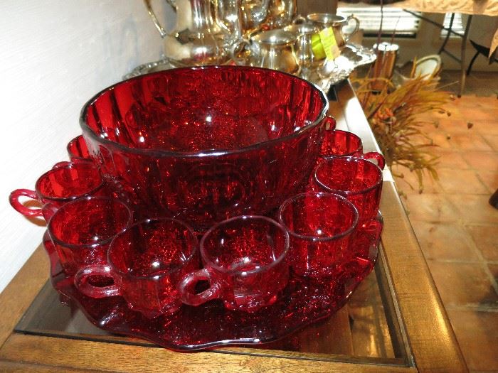 Vintage Red Punch Bowl Set With Platter