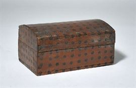 Lot 1: 19th C. New England paint decorated pine document box with leather hinges, original paint, 10"L. x 5.75"H. Prov. Lifelong VT collection