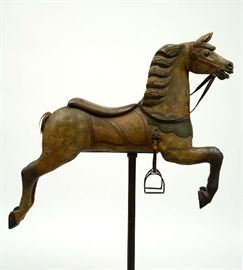 Lot 7: Exceptional late 19th C. paint decorated American carousel horse on stand, 45"L. x 60"H. on stand, AZ estate