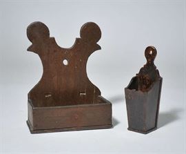 Lot 9: Two 19th C. country wall boxes in old paint, double lollipop handles, 12"H. with a pipe box, 9.5" H.