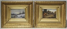 Lot 6: Good pair of 19th C. American school oils on canvas, winter and summer scenes, 5.25" x 7" in period gilt frames