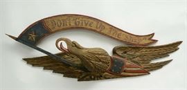 Lot 16: Early 20th C. carved and painted eagle "Don't Give Up The Ship", 28"L.