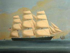 Lot 19: 19th C. oil on canvas, China Trade ship, "Game Cock, Samuel Ives Capt." original frame, 18" x 23.5"