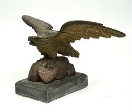 Lot 22: Exceptional Pilot House eagle, 19th C. carved and painted with American shield, fine original condition, 21"H. x 29"W. VT. estate