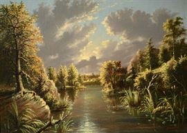 Lot 23: 19th C. luminist landscape signed Browere (Albertus Browere) Mary Leonard Estate Walpole, cleaned by A.T. Hibbard whom was a friend of Mary, 13" x 18"