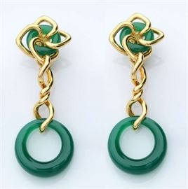 Lot 28: Pair of 18kt yellow gold and green chalcedony earrings, 3"L., 48.9 grams