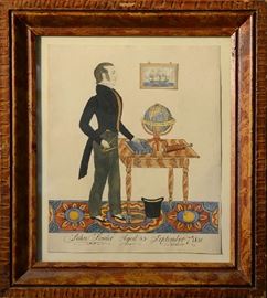 Lot 29: Early 19th C. watercolor on paper, "John Fowler age 43 September 7th 1831" by Joseph Davis, 12" x 10" image