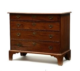 Lot 35: 18th C. MA. Chippendale mahogany four drawer chest on bracket base, pierced brass, ca.1780-1800, 39"W. x 34.5"H.