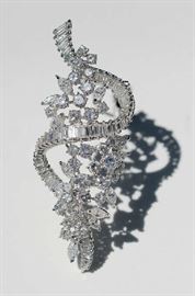 Lot 36: Jewelry: Platinum brooch with double pin stem set w/approx. 10 ct tw baguettes, marquis and round brilliant cut, G-H color, VS-SI clarity, 2.5” x 1”, 19.1 grams