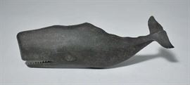Lot 34: Carved and painted sperm whale, signed C. Voorhees, Mendon, VT., 17.5"L.