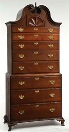 Lot 40: Clean 18th C. Chippendale cherry bonnet top chest on chest, carved top drawer, on ogee feet, ca.1785, 88"H. x 36"W. top case