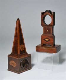 Lot 41: Two 19th C. inlaid watch hutches, 12" obelisk style with a 10" walnut Grandfather clock motif