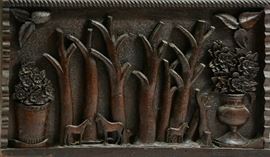 Lot 38: Wonderful late 19th C. American Folk Art carved plaque-horses, trees, baskets of flowers, old finish, 19"H. x 36.5"