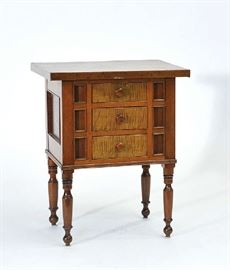Lot 47: Unique Federal tiger maple cherry and mixed woods three drawer stand, 29"H., 19" case width, ca.1830, likely Kentucky area