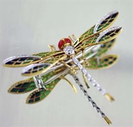 Lot 46: 18kt yellow and white gold dragon fly pin plique-a-jour and diamonds, 15.1 grams, 2.5"W.