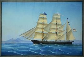 Lot 44: Fine 19th C. marine gouache, the ship Blandina, Capt. Paolo Soich in Naples Bay, approx. 18" x 27"