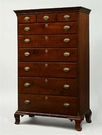 Lot 50: Chippendale walnut tall chest, three over six drawers on ogee bracket feet, key carved molding with fluted quarter columns, ca.1785 PA., 67"H. x 39"W.
