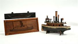 Lot 51: Three piece lot of antique nautical, folky tug boat, 12"L. with a tug relief plaque and a 13" half hull