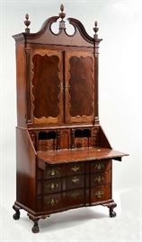 Lot 55: 18th C. bonnet top Chippendale block front secretary bookcase, in three parts, fine plum pudding mahogany, Boston ca.1780, 104"H. x 41"W. bottom