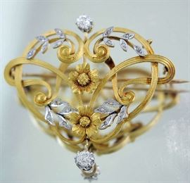 Lot 59: Antique Art Nouveau style (tested) 18kt yellow gold floral pin/pendant with platinum topped settings, approx. .80 ct tw of Old European and rose cut diamonds, J-K color, SI2-I, clarity, 2.25” x 1.5”, 19.4 grams